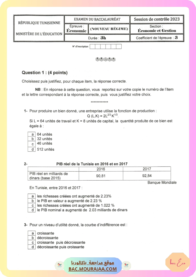 Sujet controle eco Bac 2023 – Section eco